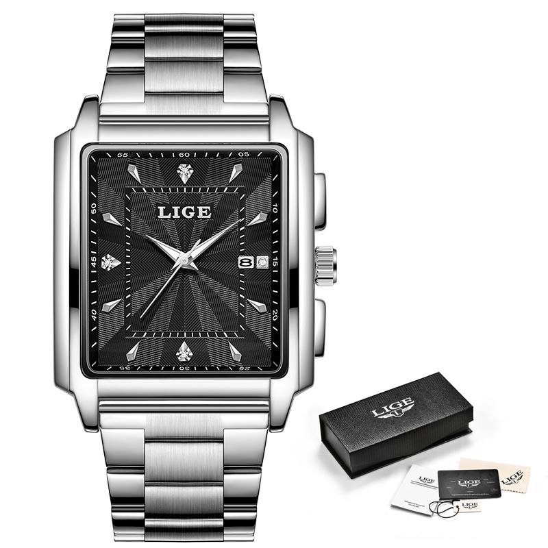 LIGE Luxury Man Wristwatch Waterproof Luminous Date Stainless Men's Watches Sports Square Men Watch Casual Quartz Male Clocks