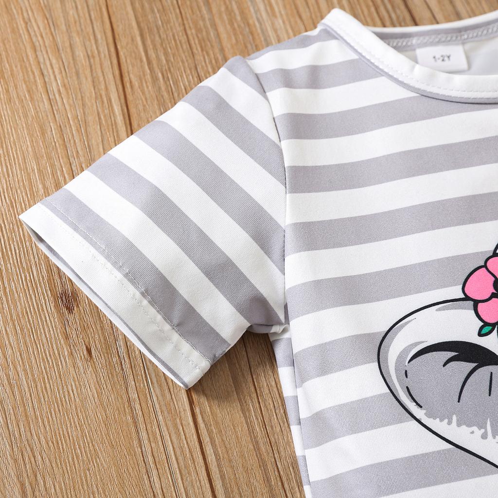 Kız Pijama Takımı Çizgili Fil Baskılı Kısa Kollu Üst ve Şort Rahat Ev Giyimi