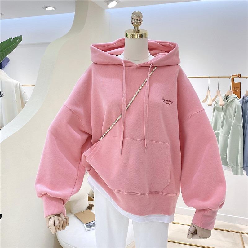 Fall/Winter New Style Mid-Length Loose Fleece Hooded Casual Women's Fashion Embroidered Long-Sleeved T-shirt
