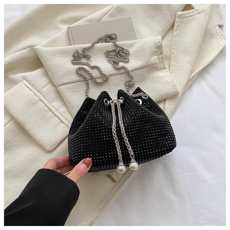 Rhinestone Embellished Drawstring Bucket Bag Women Chain Crossbody Shoulder Bag