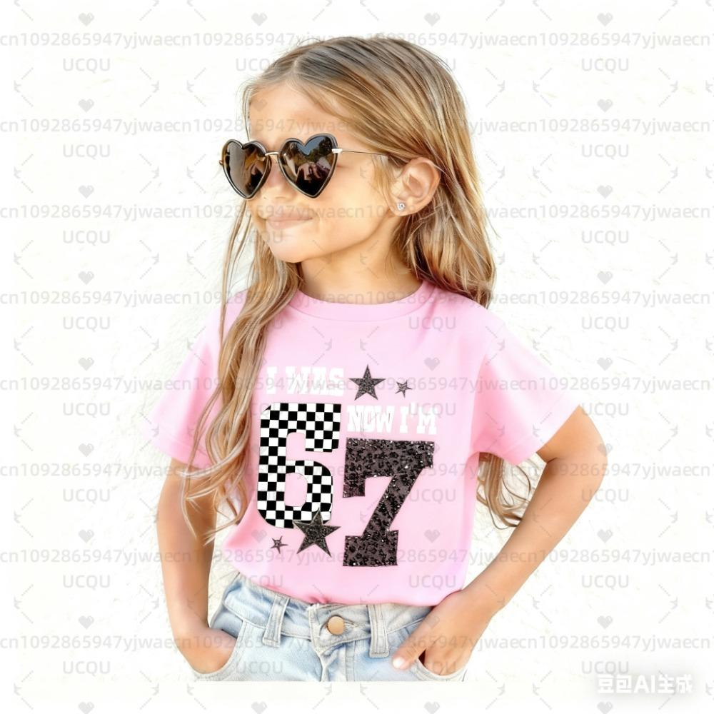 Kids 6 7 Print T-Shirt Short Sleeve Round Neck Casual Top Tees Summer Comfortable Fashion Girl and Boy Clothing
