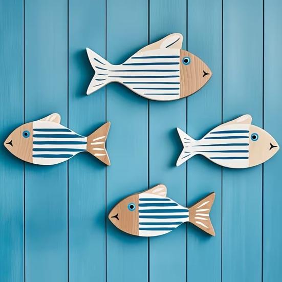 4 Pcs Rustic Wood Fish Wall Art Beach Nautical Wall Hanging Decor Ocean Coastal Theme Fish Wall Sculpture for Home Bathroom Bedroom Lake House