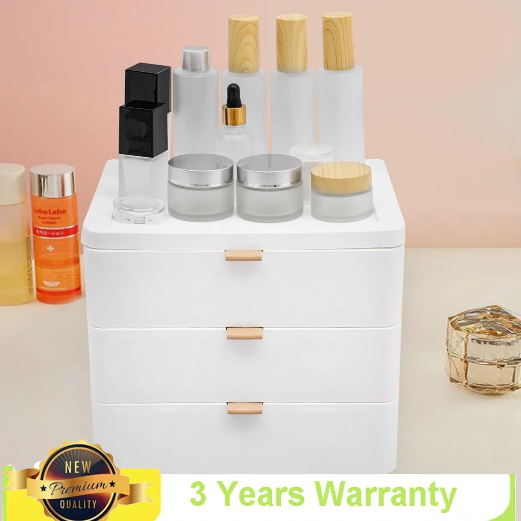 Bymaocar Drawer Style Desk Jewelry Organizer, 3-layer White Tabletop Mount Storage Box with Handles for Study, Bedroom, Office