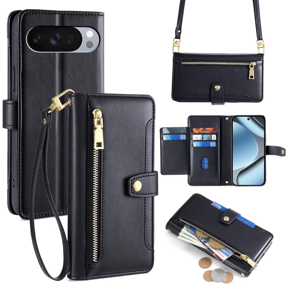 For Google Pixel 10 Pro XL Leather Case Zipper Pocket Wallet Phone Cover with 2 Straps