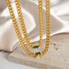 Stainless Steel Cuban Chain Necklace and Bracelet Set 18K Gold Plated Green CZ Stone Chunky Link Tarnish Free Jewelry