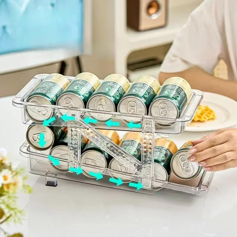 2 Layer Beverage Storage Box Beer Drinks Can Soda Bottle Fridge Jar Holder Auto Rolling Dispenser Kitchen Refrigerator Organizer