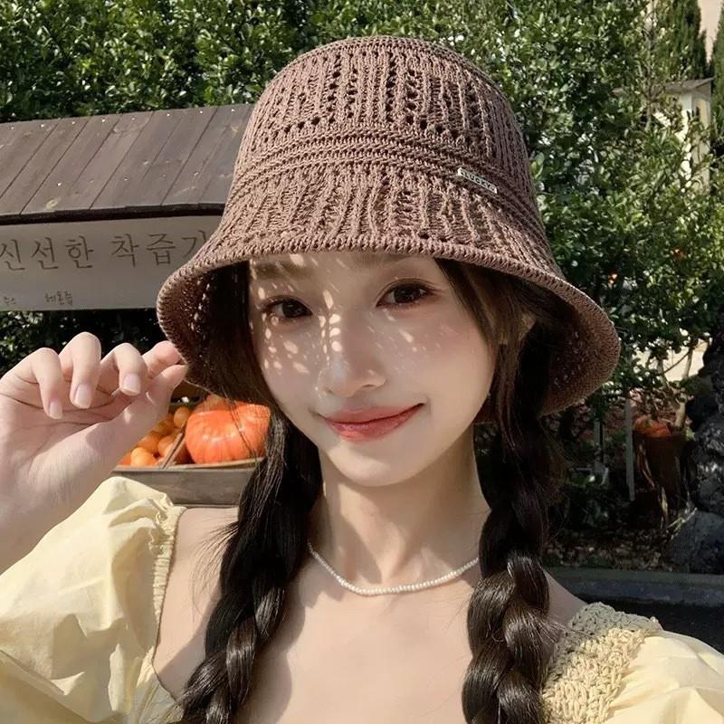 Solid Knit Hollow Out Bucket Hat Women Spring Summer Breathable UV Sun Protection Fisherman Hat