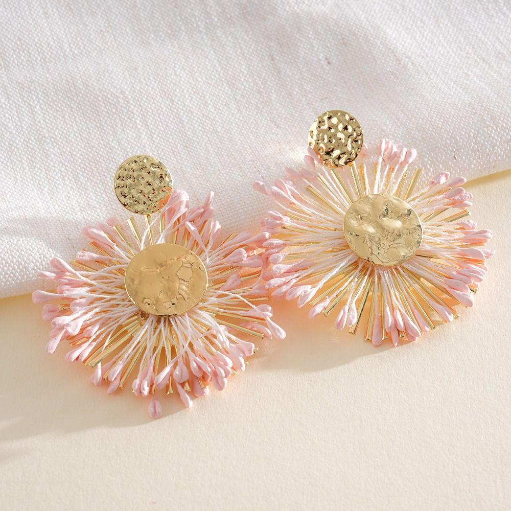 Round Shape Dangle Earrings Floral Design Drop Earrings Raffia Earrings  Photo Shoot