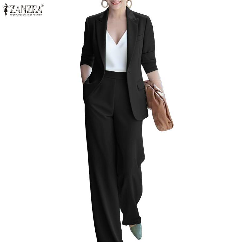 

ZANZEA Женские блейзер с длинным рукавом и брюки, повседневные костюмы-двойки 5XL чёрный