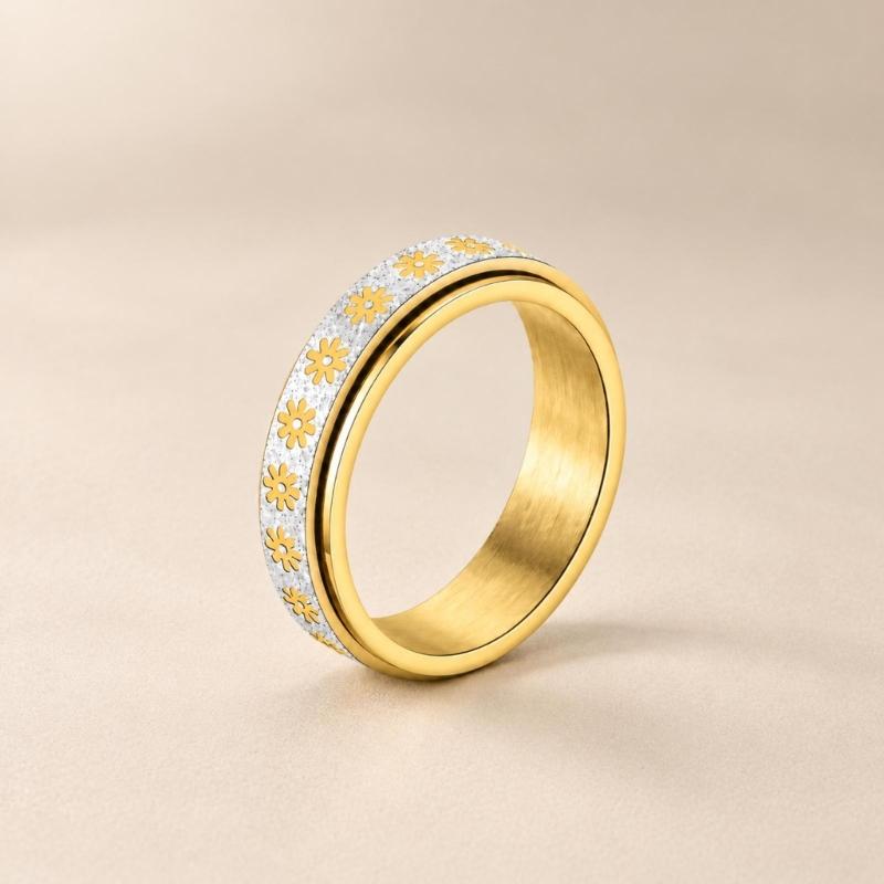 Floral Spinner Ring with Repeating Sunflower Pattern and Rotating Outer Band for Everyday Jewelry Styling and Stacking