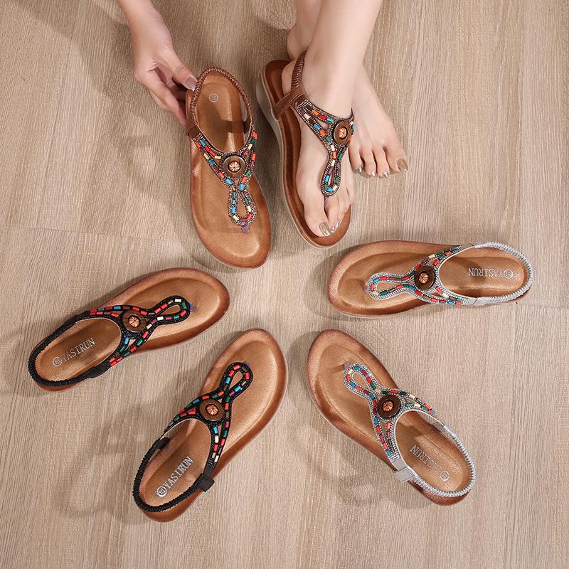 Flat Sandals Large Size Hollowed Out, Wedge Heel Rhinestone Sandals, Bohemian Comfortable Women's Shoes