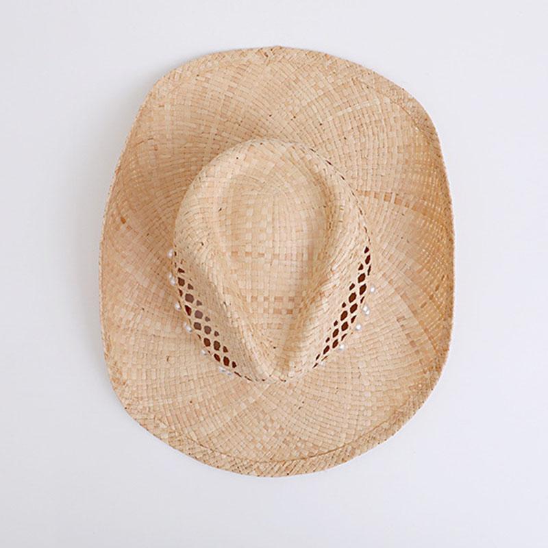 Cappello di paglia intrecciato in rafia con perle cave, bordo perline, cappello Panama da sole, cappello da cowboy occidentale da spiaggia per donna