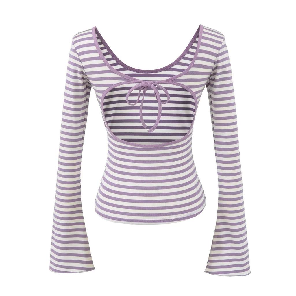 American Spicy Girl Striped Backless U-neck Long-sleeve Slim-fit T-shirt for Women's Autumn/Winter