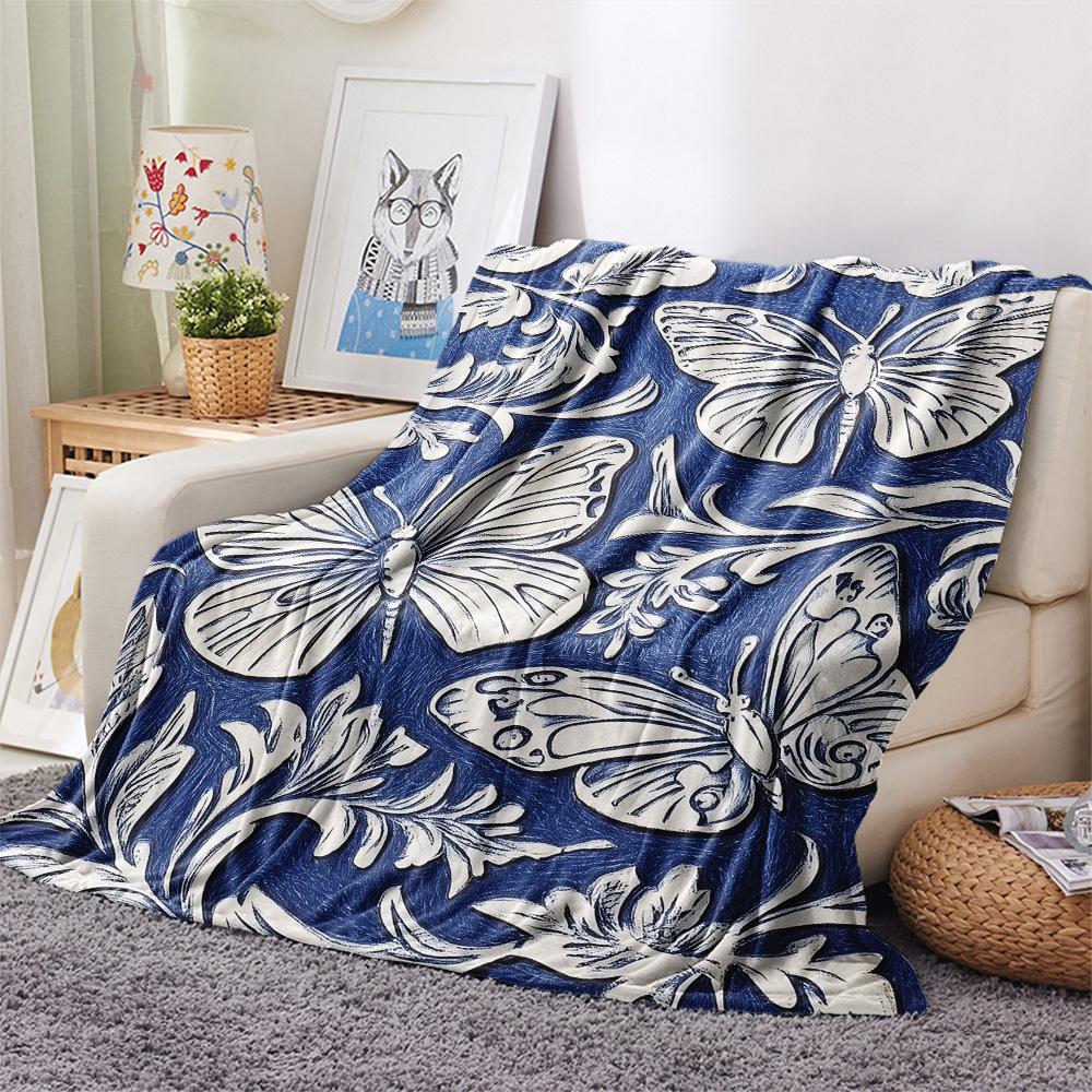 Blue and White Butterflies Print Flannel Blanket, High quality Comfortable for All Seasons, Home Decor, Warmth and Comfort