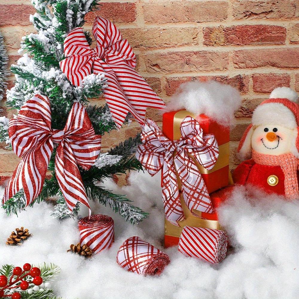 2pcs Red White Striped Christmas Ribbon with Wired Edge DIY Craft Gift Wrapping Wreath Bows Holiday Decorations 5 Yards Each Wired Ribbon for Wreaths