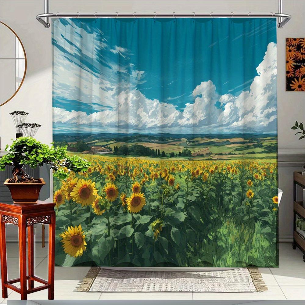 

1pc Vibrant Sunflower Shower Curtain - Lush Landscape Design with Rolling Hills & Blue Sky, Machine Washable Polyester Fabric, 90x180cm