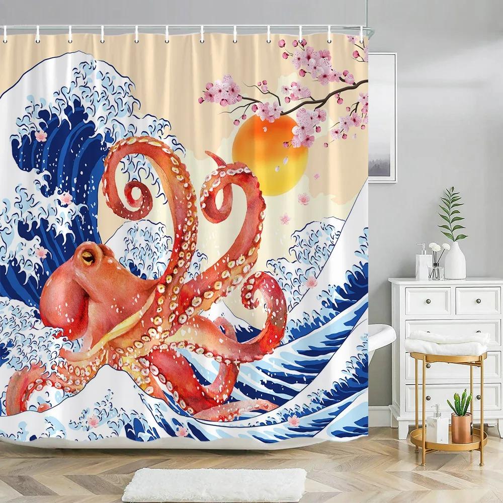 Chinese Landscape Landscape painting Shower Curtain Ink Painting Landscape Polyester Fabric Washable Bath Curtain Bathroom Decor