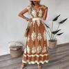 2025 European and American V-neck Waist-Cinching Summer Print Long Dress for Women
