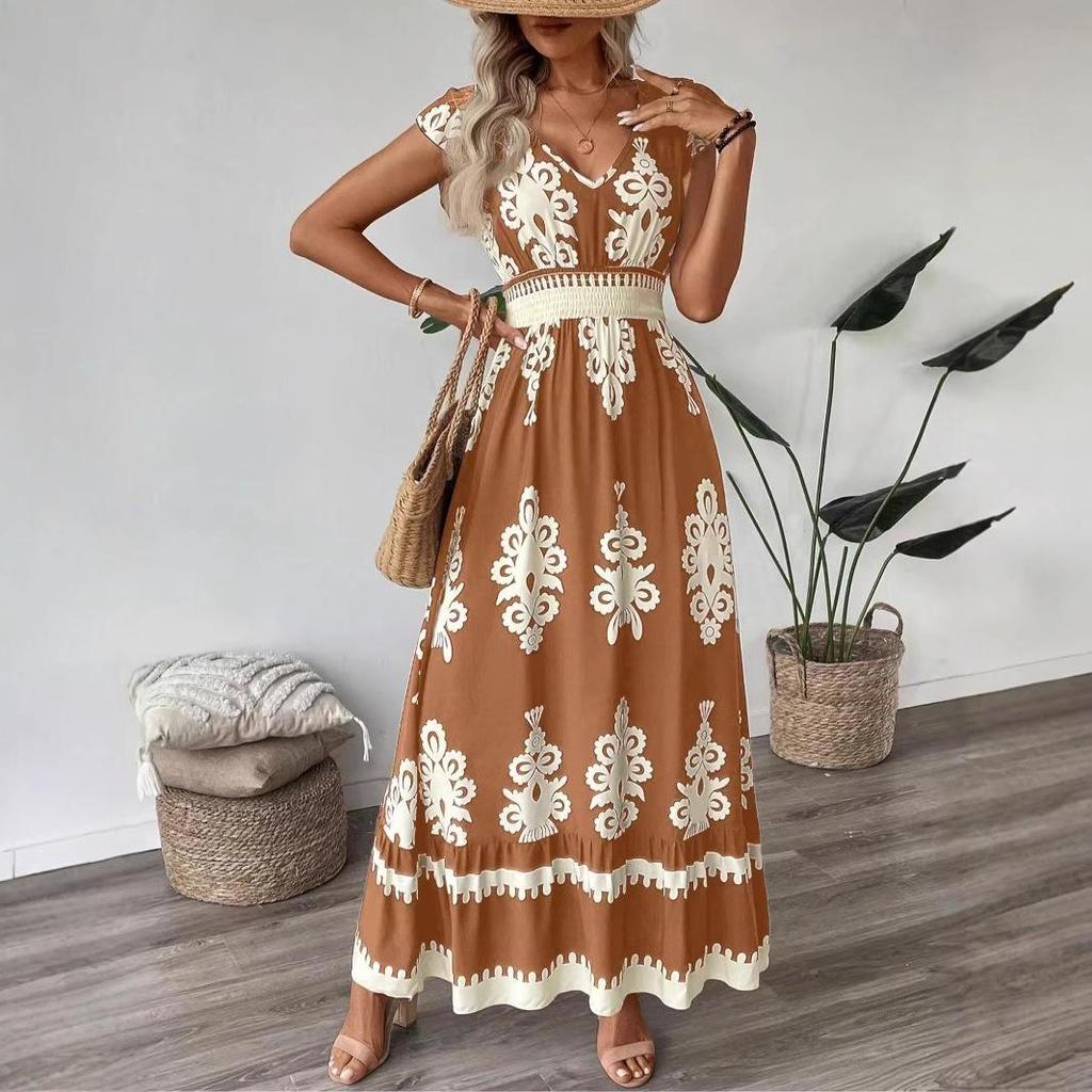 2025 European and American V-neck Waist-Cinching Summer Print Long Dress for Women
