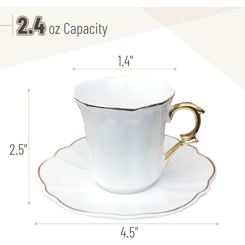 Espresso Cups and Saucers, 2.4 Oz, Set of 12, Gold Rim, Demitasse Espresso Cups, Porcelain Espresso Cups with Saucer