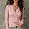 2026 Autumn Women's Cross V-neck Pleated Long Sleeve Casual T-shirt
