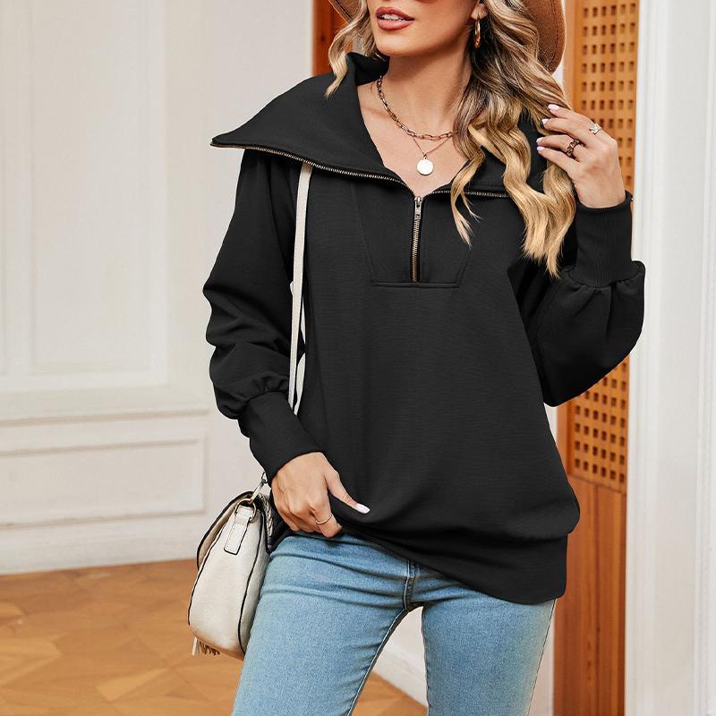 Женский пуловер с длинными рукавами и застежкой-молнией с лацканами S чёрный