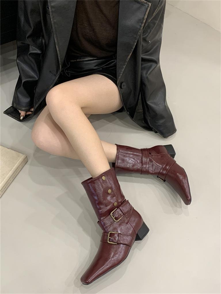 Retro thick heel square head western cowboy boots women's middle heel 2025 autumn new belt buckle women's boots