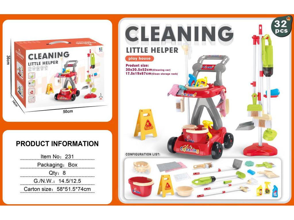 Kids' Cleaning Trolley Set: Pretend Play Vacuum, Broom, Mop & Hygiene Tools