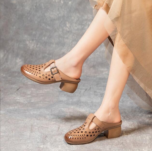 Summer New Genuine Leather Slippers Women's Retro Ethnic Style Thick Wedges Shoe Fish Mouth Mom Slippers Women Hollow Sandals