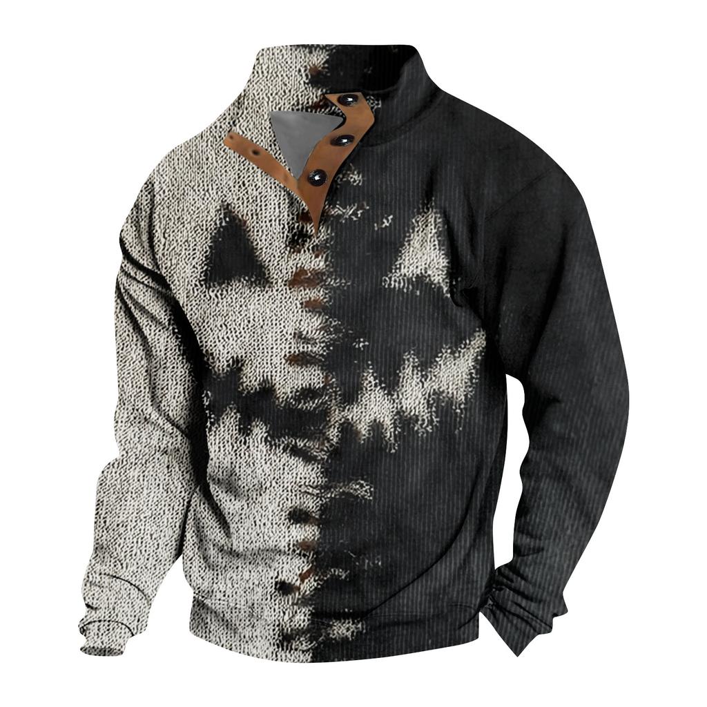 Men's Casual Fashion Christmas Printed Hoodless Sweatshirt Wide Men's Loose Button Stand Collar Hooded Sweatshirt
