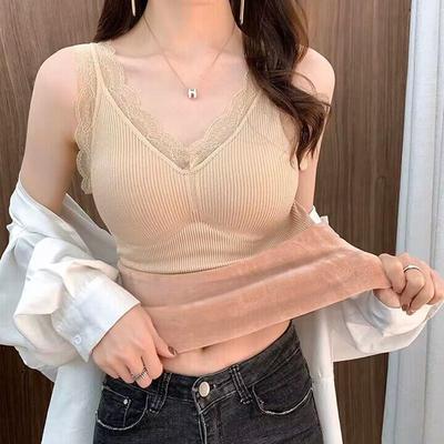 Women’s Thermal Slim Fit Teddy Bear Vest with Lace and Chest Pads for Autumn and Winter