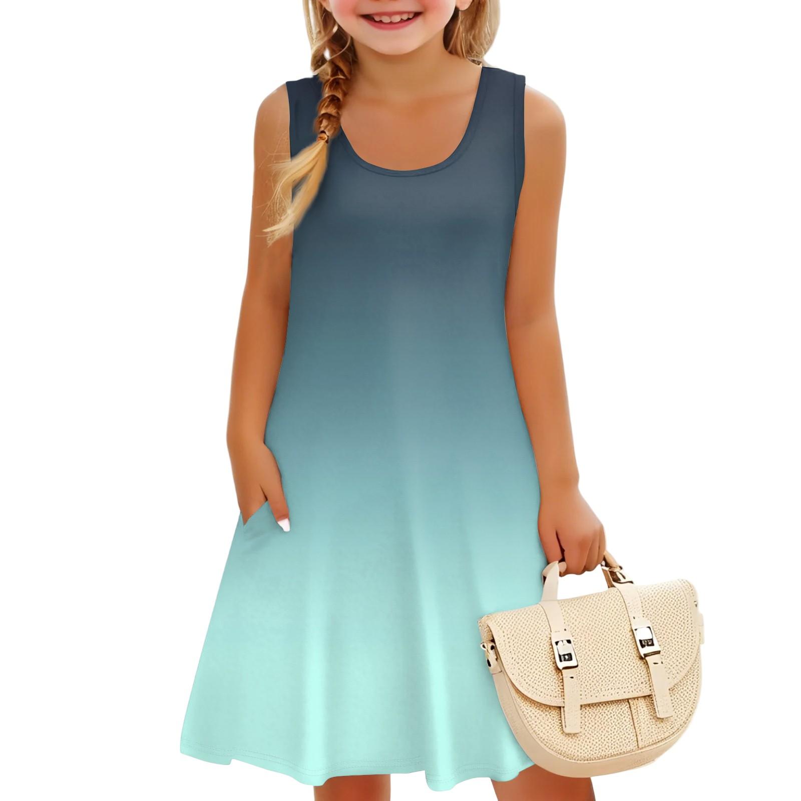 Girls Sleeveless U Neck A Line Dress Summer Casual Vacation Gradient Print Lightweight Comfortable Fit 100 синий