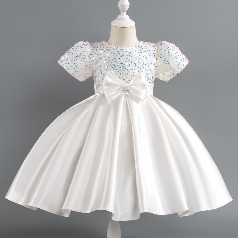Girls' Sequin Satin Short Sleeve Evening Dress - Puffy High-End Birthday Costume