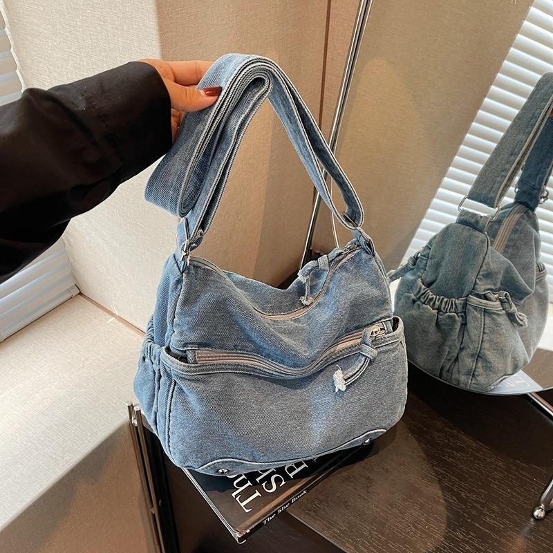 Women's bag new messenger bag women's large-capacity washed denim bag multi-compartment shoulder bag