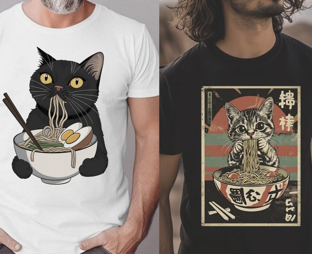 Funny Cat Eating Ramen T-Shirt, Vintage Japanese Noodles Shirt S-5XL Unisex T-Shirt XXL