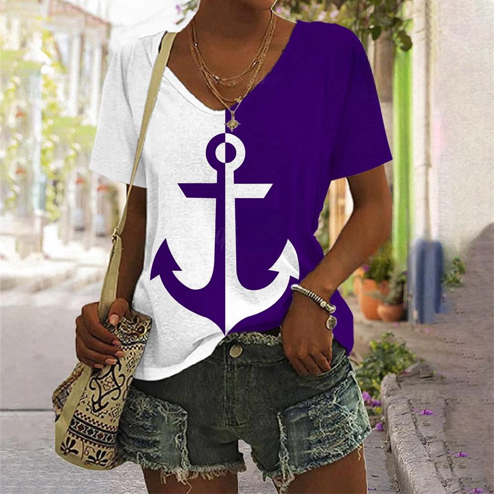 Sommer Oversized T-Shirts Ankerprint Oberteil für Damenmode V-Ausschnitt Damenmode Große Größen Stil T-Shirt für Damen