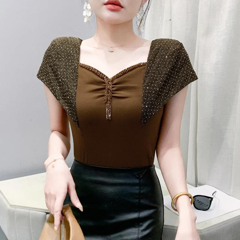 Summer Cotton Tops Streetwear Girl Sexy Square Neck Beading T-shirt Women's Shiny Diamonds Tees