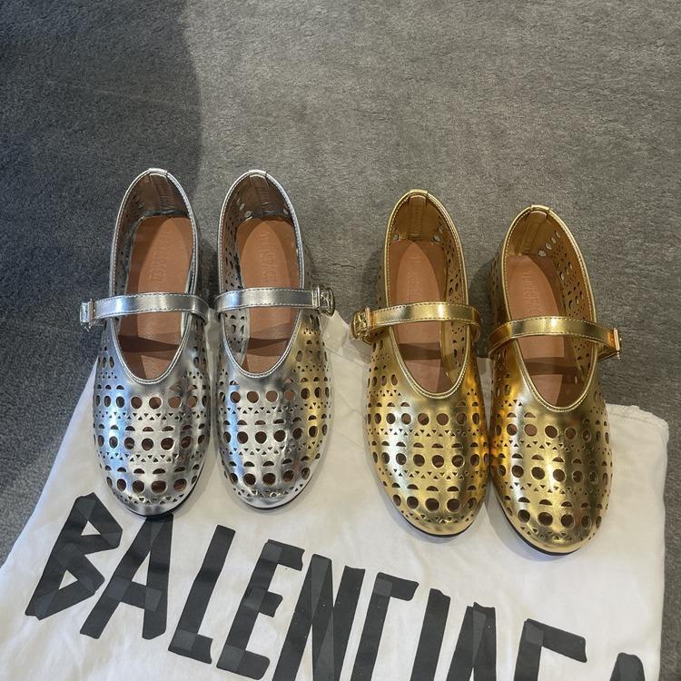 Spring and summer leather shallow mouth one-word buckle belt hollow round head flat sole shoes women's ballet boat shoes leather shoes