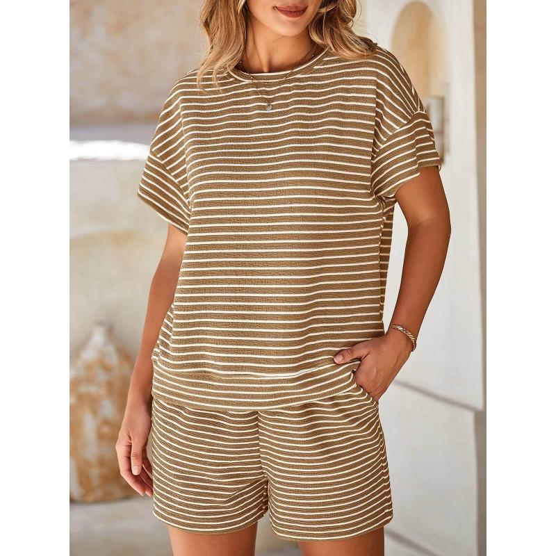 Women 2 Piece Casual Set, Striped Short Sleeve T-shirt and Drawstring Shorts, Fashion Daily Matching Outfit