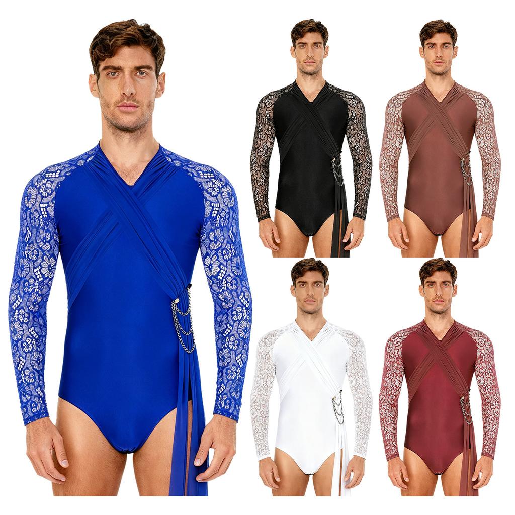Mens Latin Dance Bodysuit Sheer Floral Lace Long Sleeve Ruched Mesh Layer Drape Chain Tassel Leotard Jumpsuit