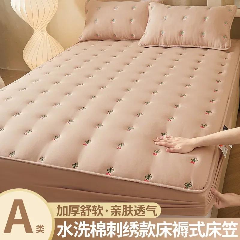 Thickened Oversized Soft Mattress Protector, Solid Color Fitted Sheet, Embroidered Mattress Cover