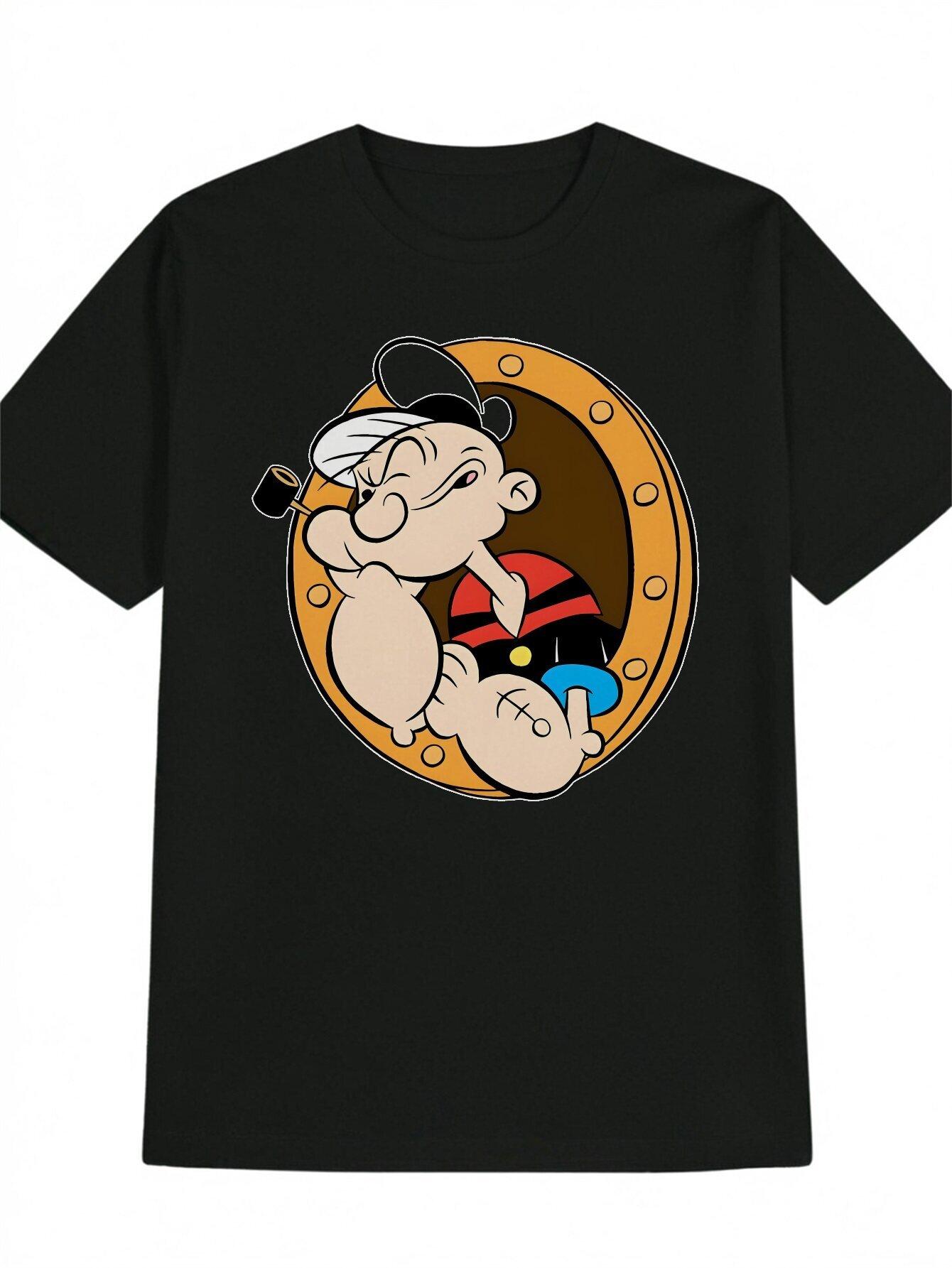

Casual Short Sleeve T-shirt with Cartoon Character Graphic Print - Black Round Neck Summer Tee S