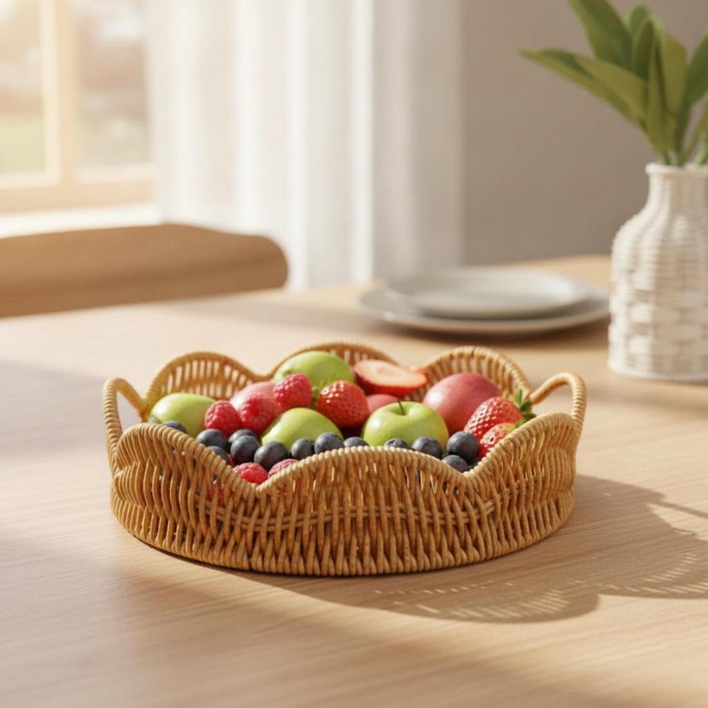 Lightweight Round Serving Tray | Woven with Handles, Decorative, Wicker