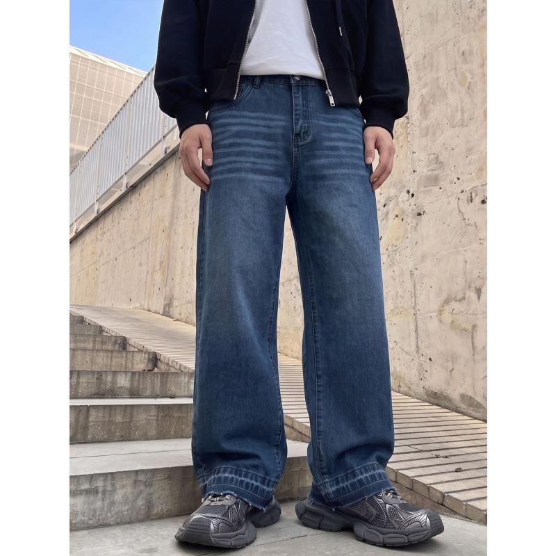 Popular Cat Whisker Washed Wide-leg Jeans Men's Retro Rough Edge Mopping Straight