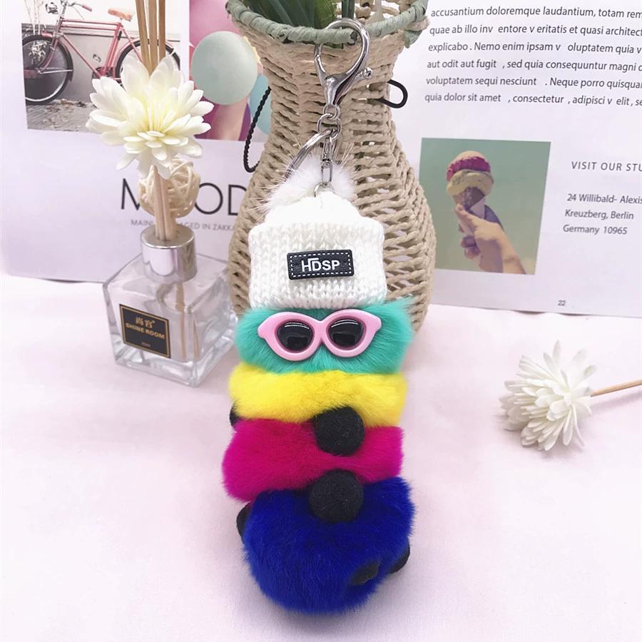 Rex Rabbit Colorful Caterpillar Plush Bag Pendant Keychain Creative Cute Female Mink Jewelry Gift