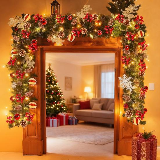 9 FT Christmas Garland with Lights 50 LED Lights 8 Modes Lighted Artificial Pine Garland with Pine Cones Red Berries for Mantel Fireplace Home Decor