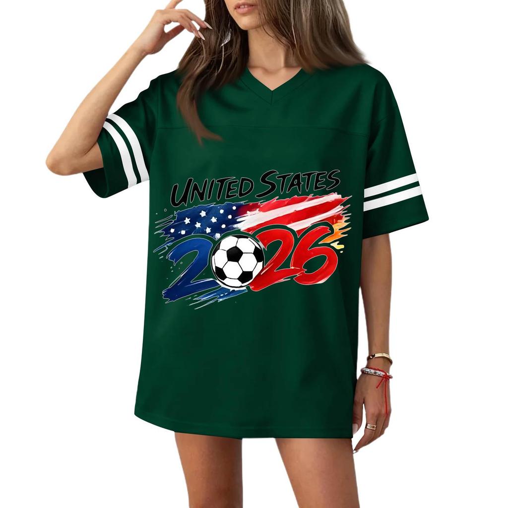 Womens V Neck Short Sleeve Soccer Graphic Tee United States Flag Print 2026 Casual Loose Fit Sports Top Shirt