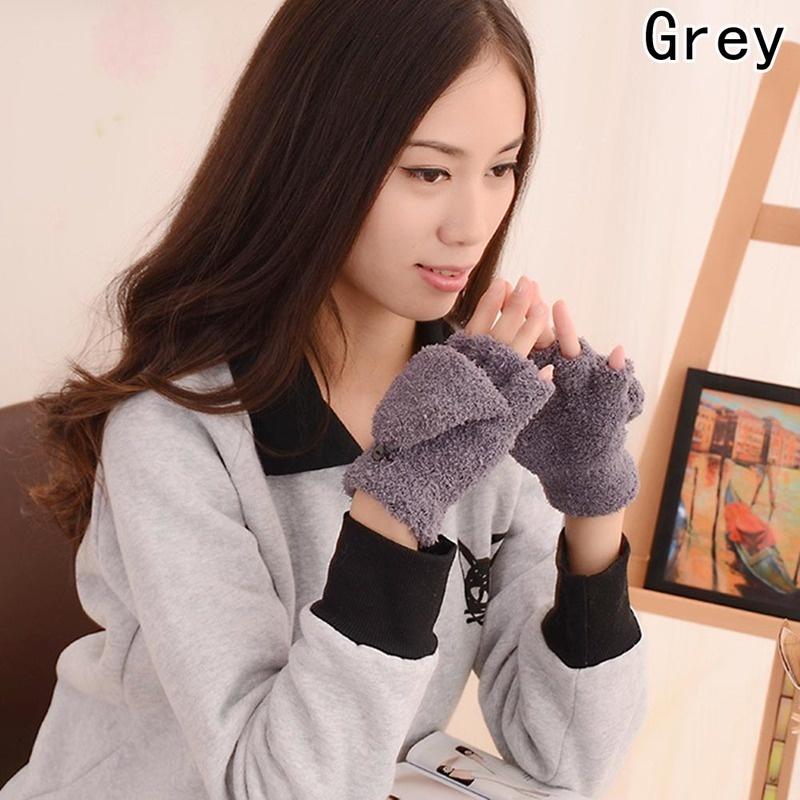 Girls Coral Velvet Flip Cover Half Finger Winter Hand Warmer Mittens Clamshell Gloves Flip Half