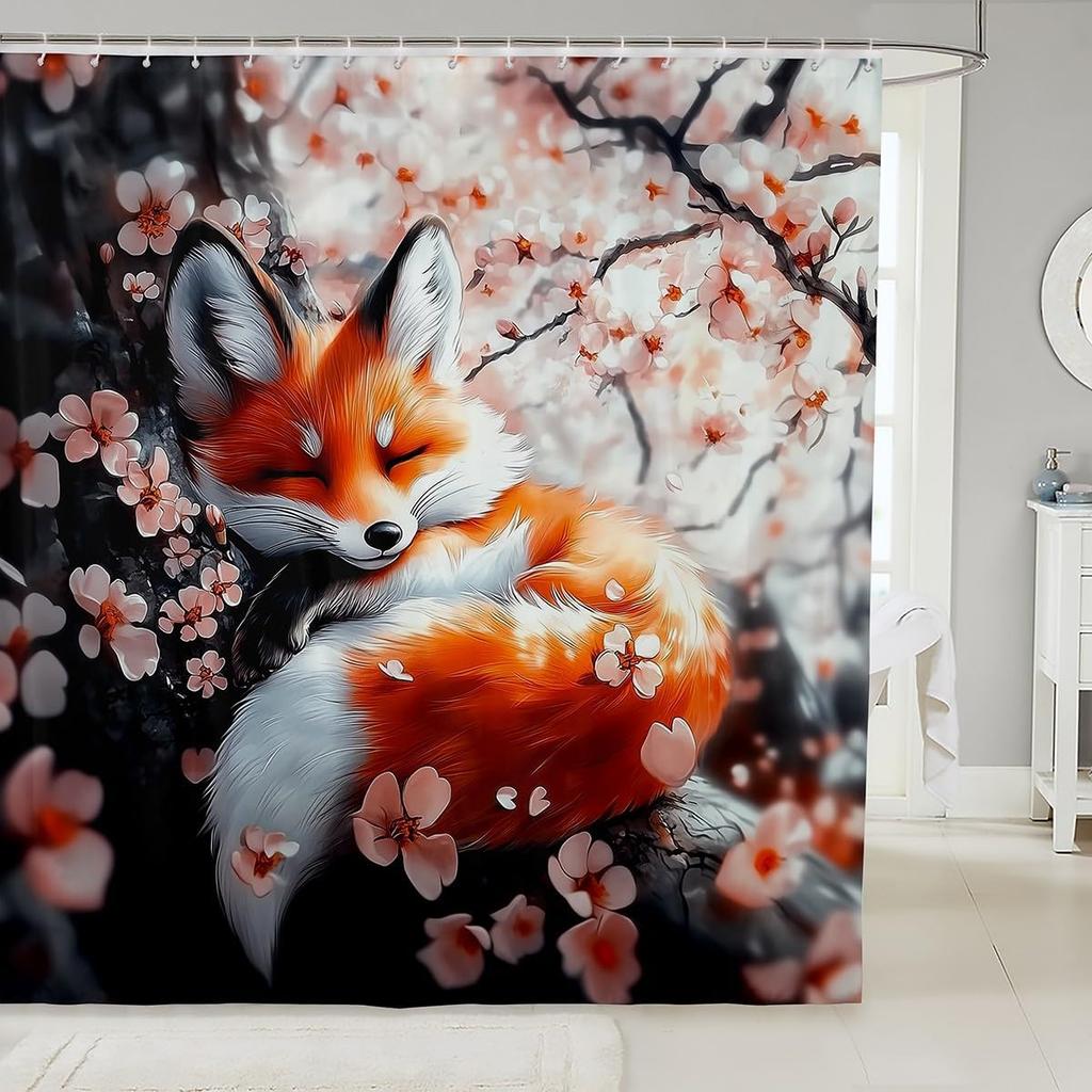 Pink Fox Shower Curtain Japanese Cherry Blossoms Bath Curtain Girls Teens Cute Cartoon Bathroom Shower Curtain Set Waterproof