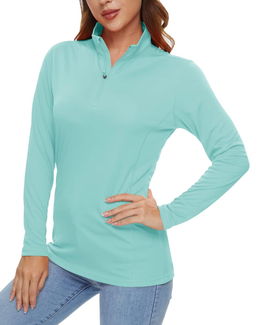 

Спортивная УФ тренировочная футболка L [KEFITEVD] Женская футболка, на молнии до середины, с длинным рукавом, воротник-стойка, толстовка, быстросохнущая, защита, для бега,